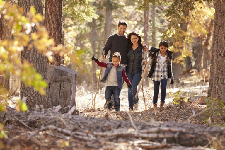 Family of four hiking through the autumn woods.